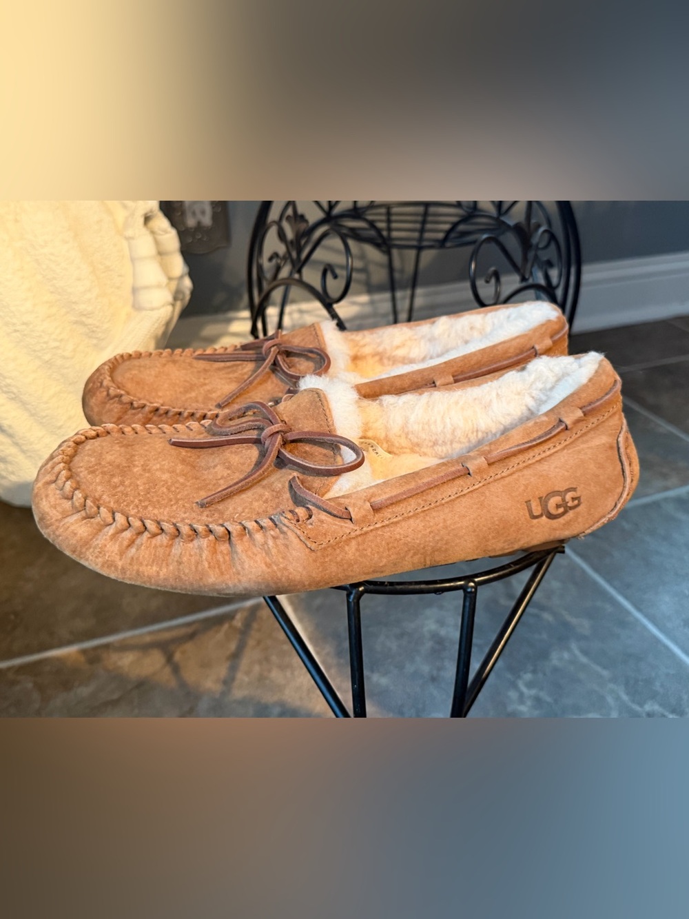 UGG women's Chestnut Suede Shearling Moccasin Slip-Ons Slippers